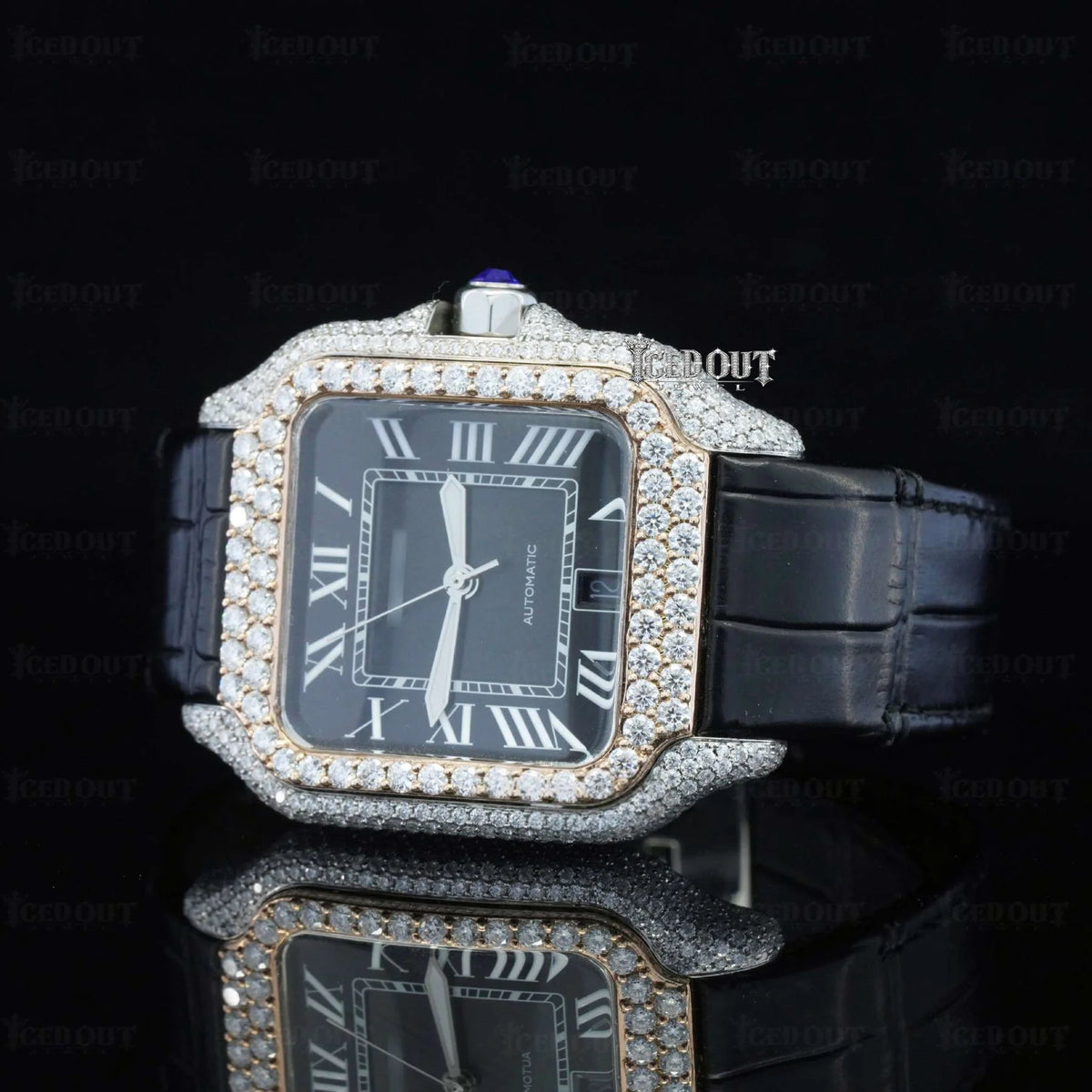Roman Dial Moissanite Cartier Watch Black Leather Strap