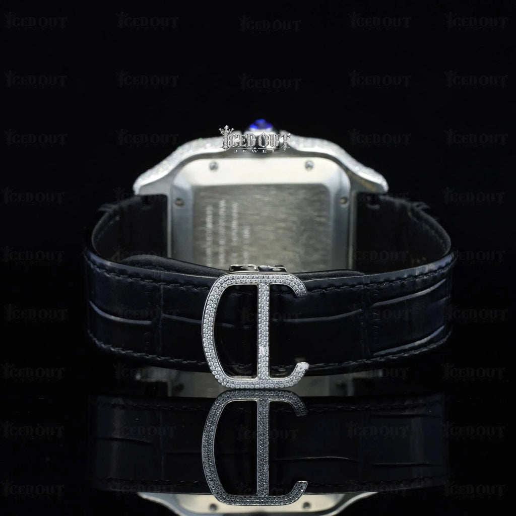 Roman Dial Moissanite Cartier Watch Black Leather Strap