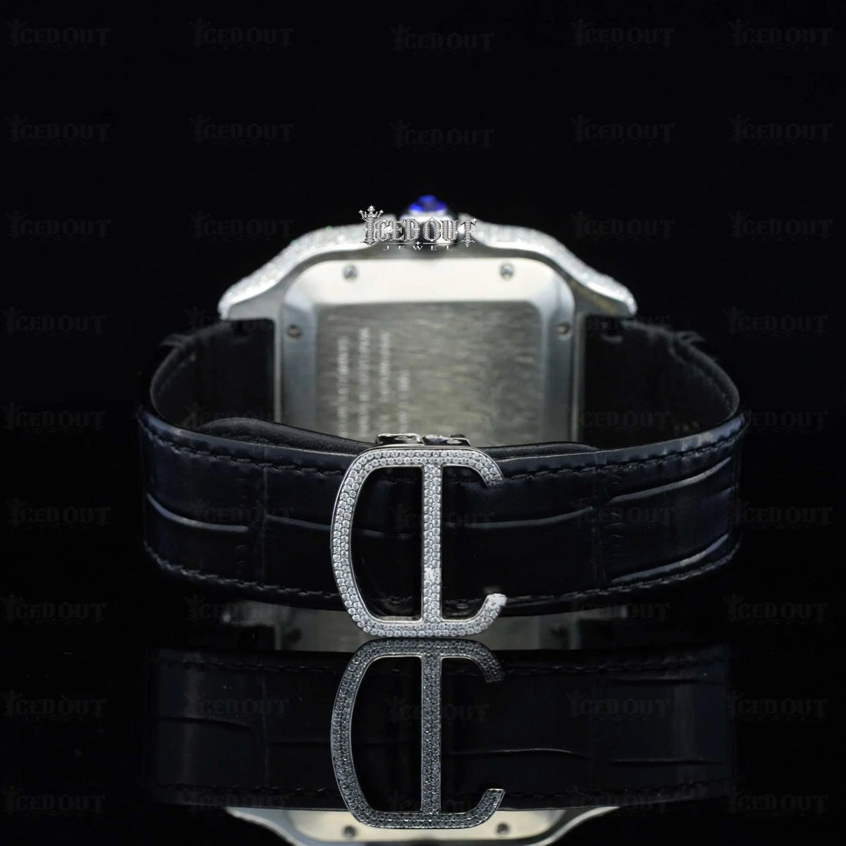 Roman Dial Moissanite Cartier Watch Black Leather Strap
