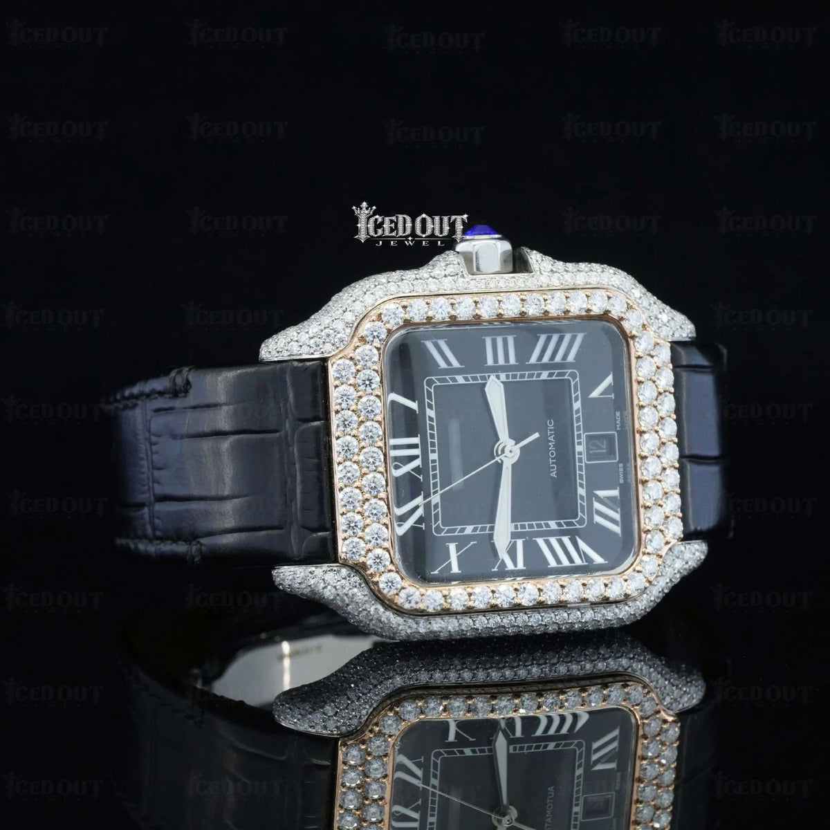 Roman Dial Moissanite Cartier Watch Black Leather Strap