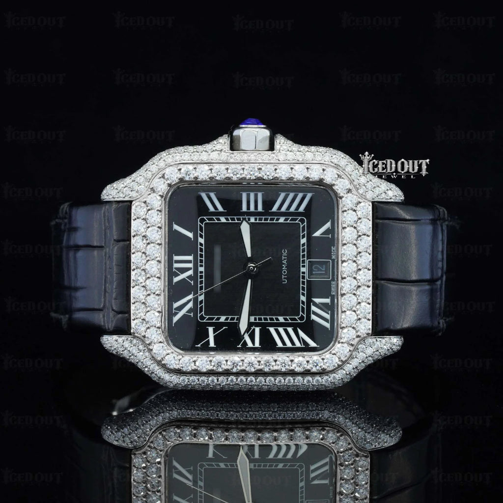 Roman Dial Moissanite Cartier Watch Black Leather Strap