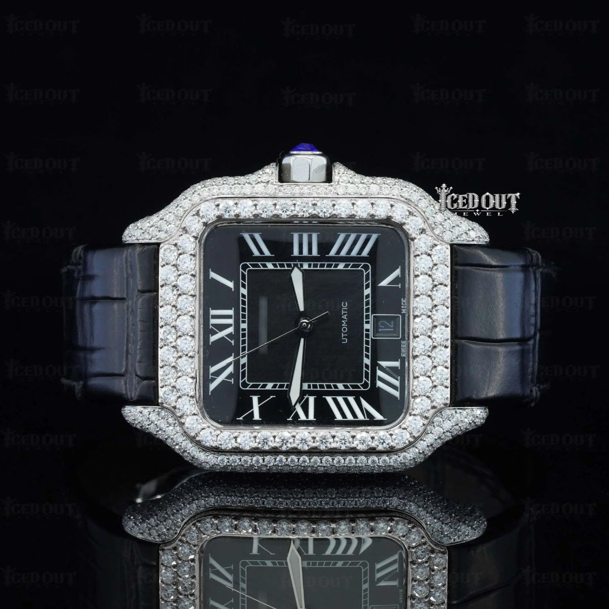 Roman Dial Moissanite Cartier Watch Black Leather Strap