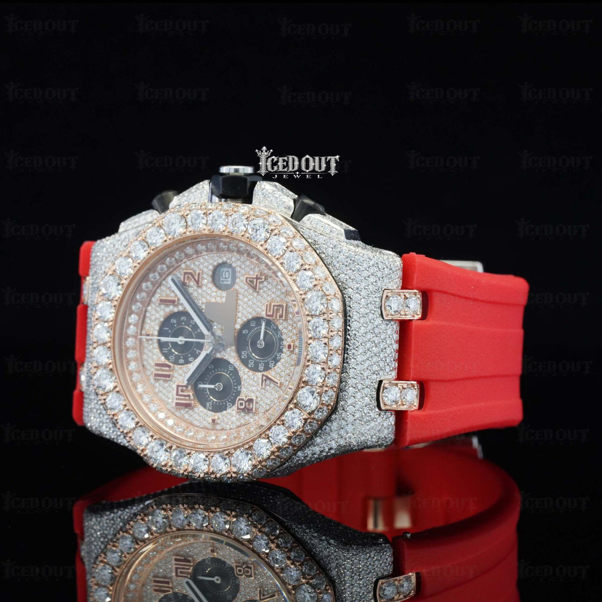 Red AP Chronograph Rubber Strap Moissanite Bust Down Watch
