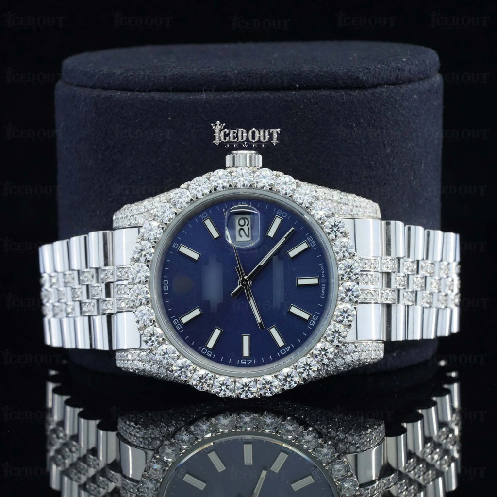 Blue Face Rolex Datejust Stainless Steel Fluted Jubilee Band Moissanite Watch