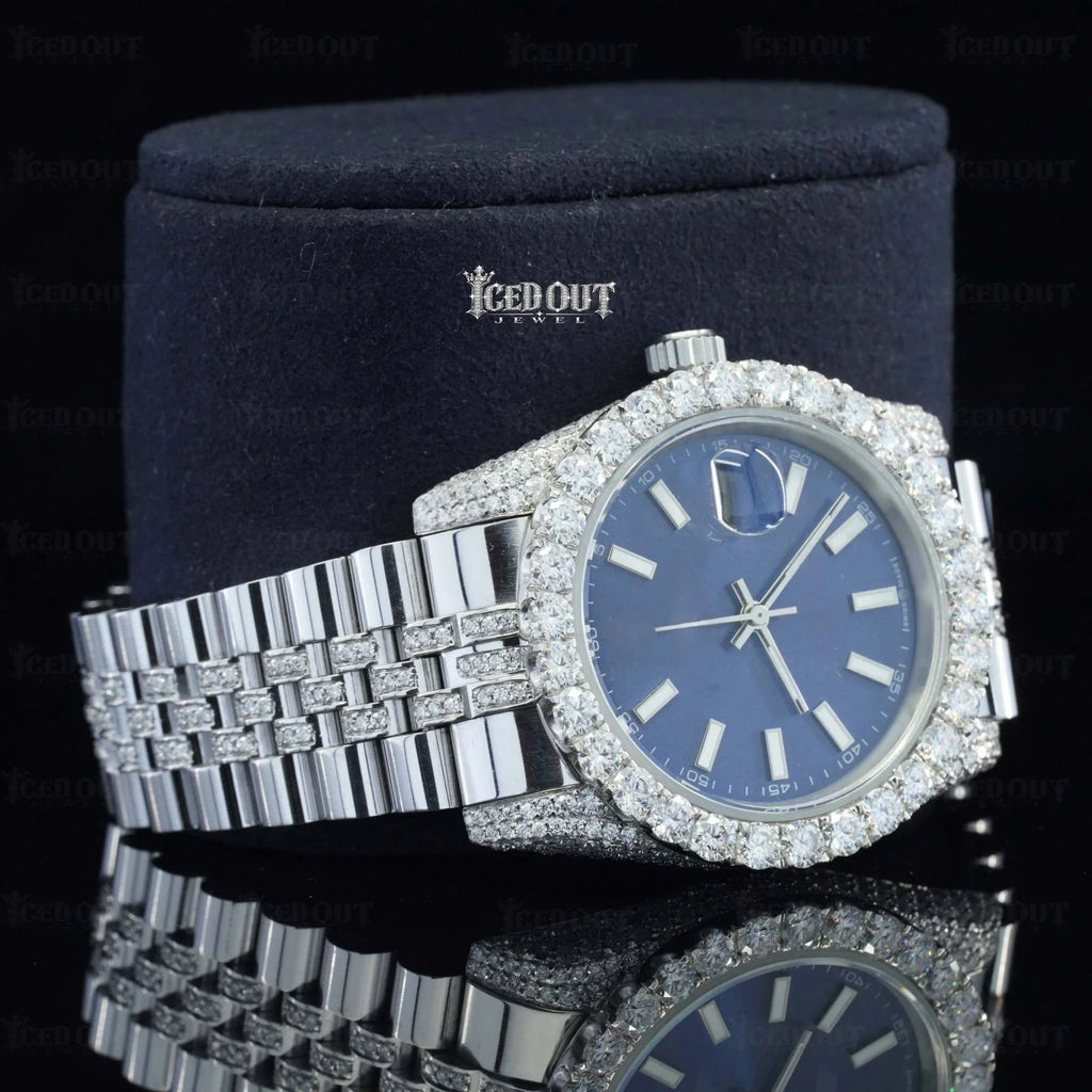 Blue Face Rolex Datejust Stainless Steel Fluted Jubilee Band Moissanite Watch