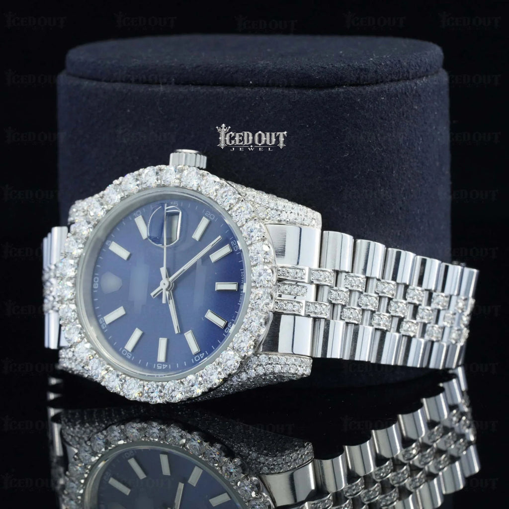 Blue Face Rolex Datejust Stainless Steel Fluted Jubilee Band Moissanite Watch