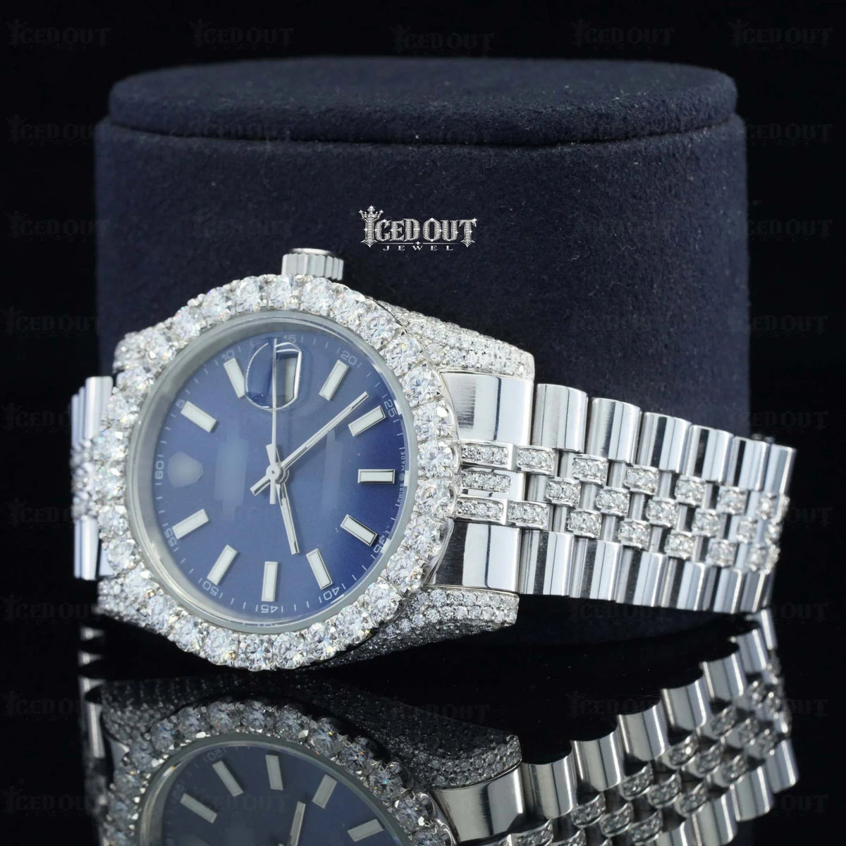 Blue Face Rolex Datejust Stainless Steel Fluted Jubilee Band Moissanite Watch