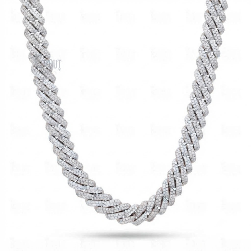 front view of 12 Mm Moissanite Iced out Cuban Link Chain in Silver