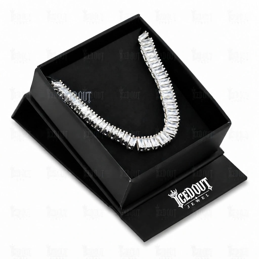 box view of baguette cut moissanite tennis chain