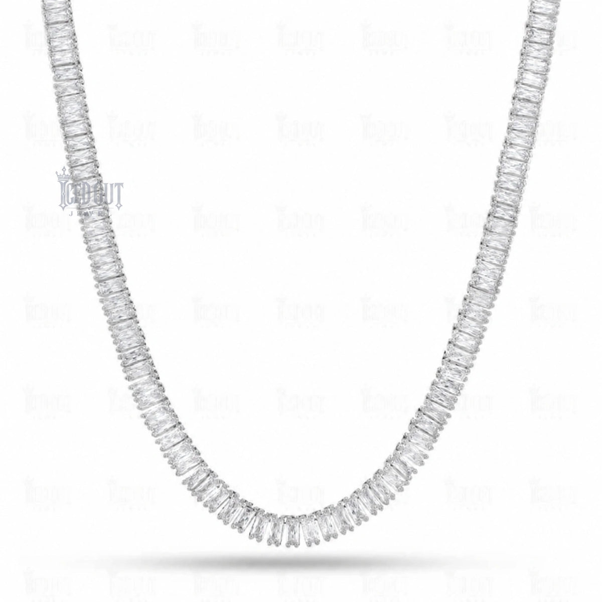 front view of 6 MM Baguette Moissanite Tennis Chain in 925 Silver