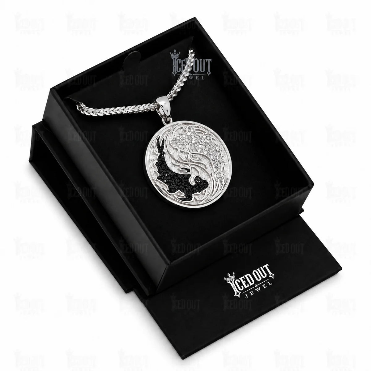 women's medallion necklace​ in box view

