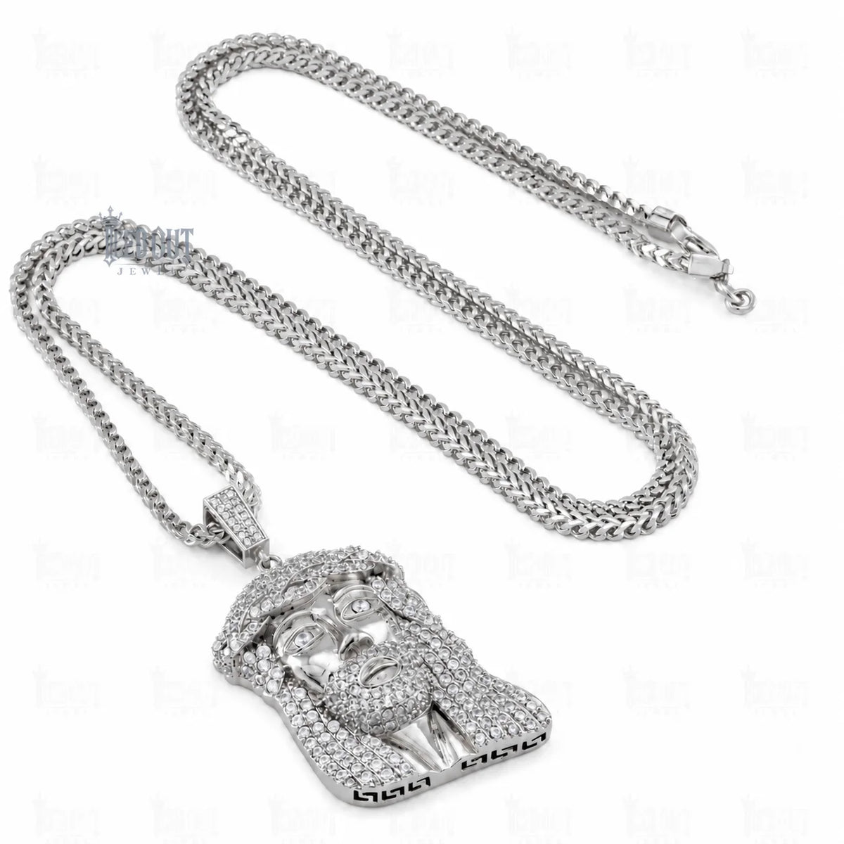 full view of moissanite jesus necklace