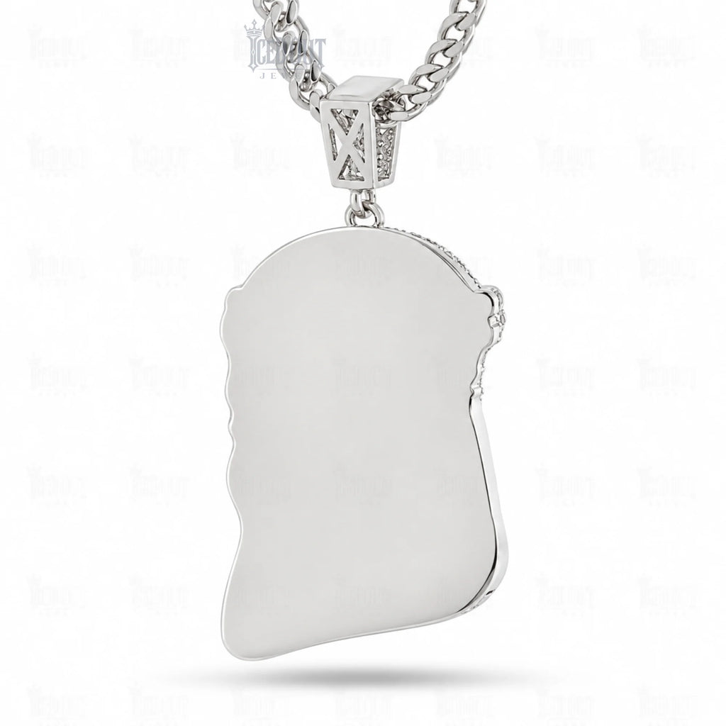 back view of moissanite jesus necklace