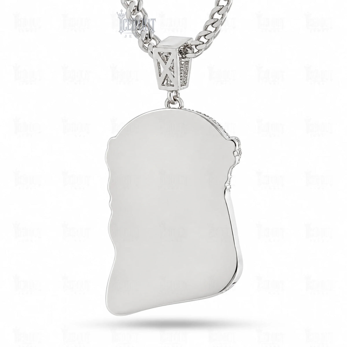 back view of moissanite jesus necklace