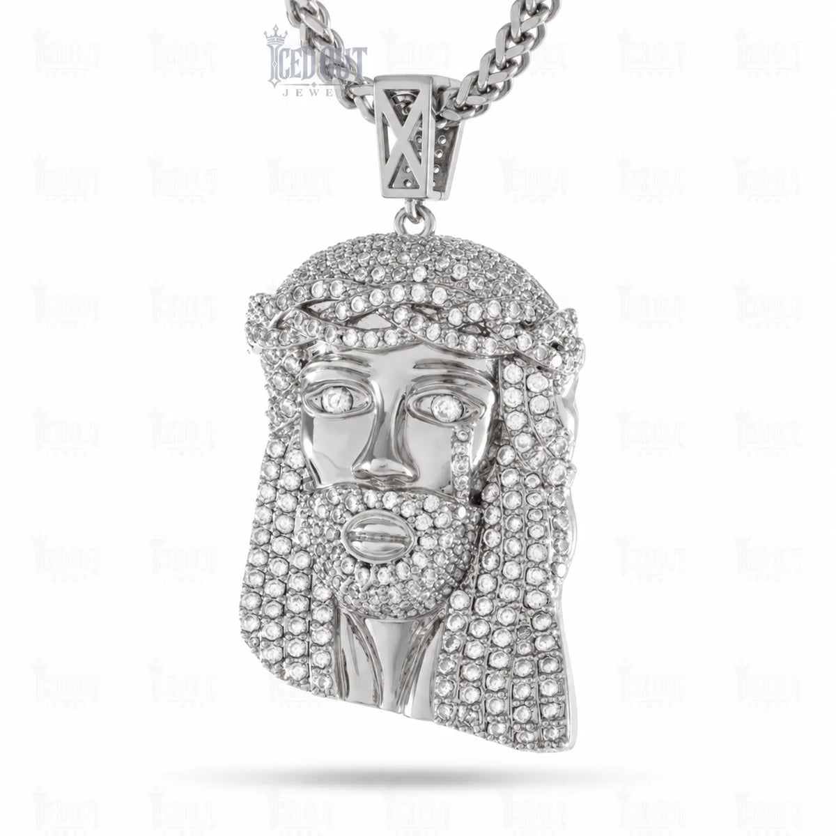  Front view of moissanite jesus necklace