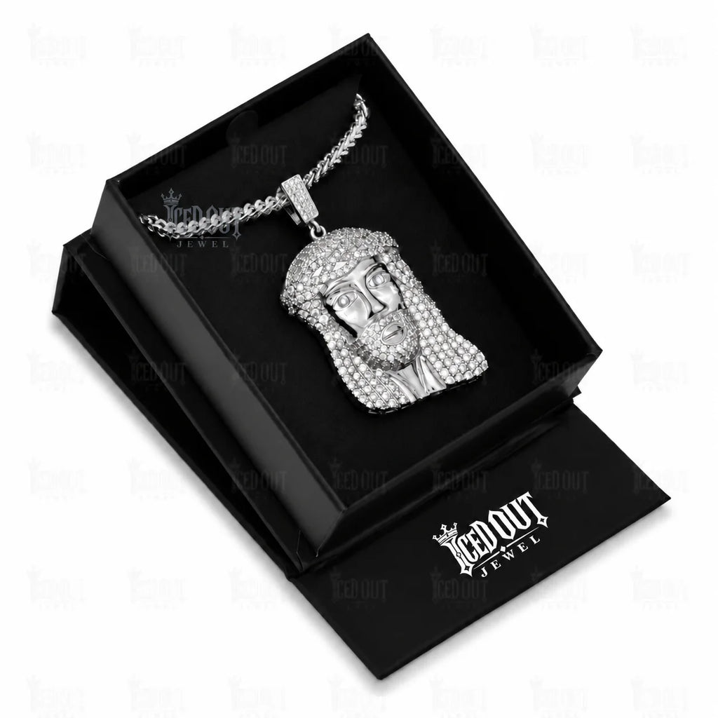  Front view of moissanite jesus necklace in box view