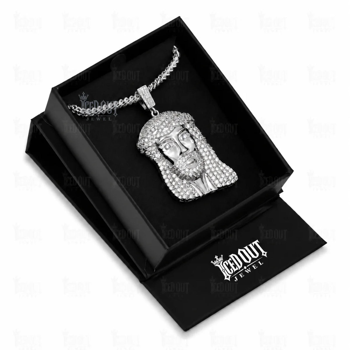  Front view of moissanite jesus necklace in box view