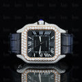 Roman Dial Moissanite Cartier Watch Black Leather Strap