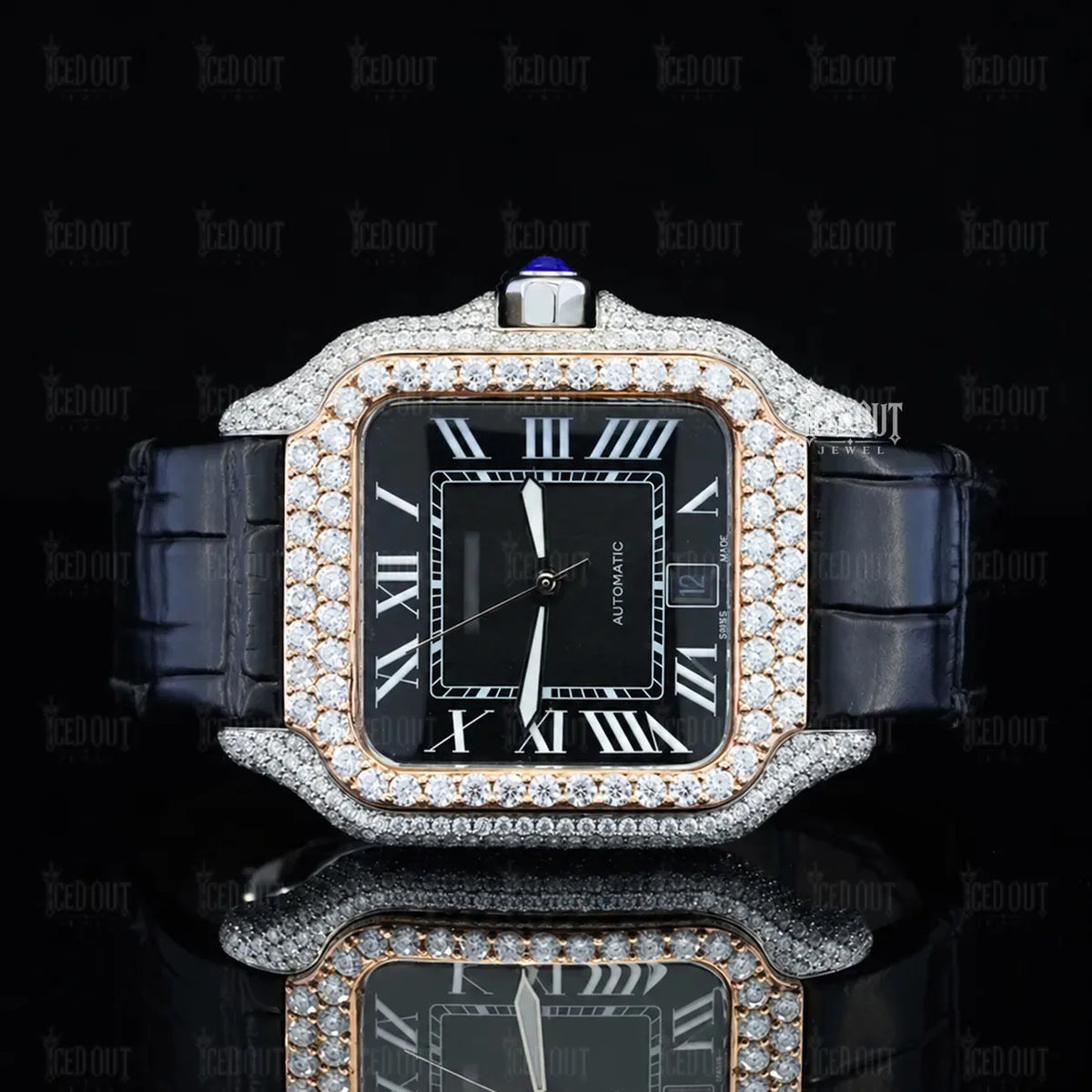 Roman Dial Moissanite Cartier Watch Black Leather Strap
